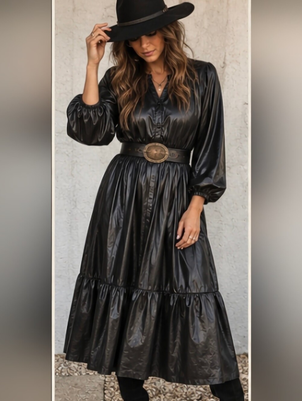 Chico’s Black Faux Leather Tiered Midi Dress Size 2 L/12 Button Front Whimsigoth